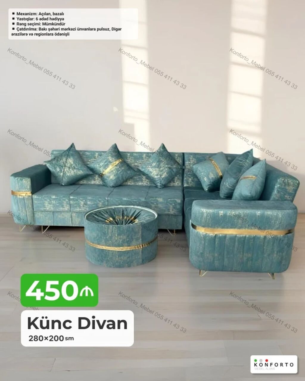 Künc divan – 280×200 sm Rəng: Seçim imkanı mövcuddur Mexanizm — Mebel, Bakı