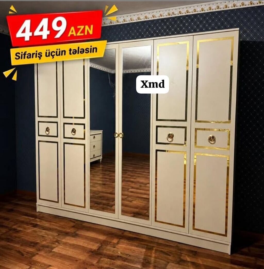 Ağ rəngli, qızılı dekor xətləri ilə klassik üslubda 6 qapılı paltar — Mebel, Xırdalan