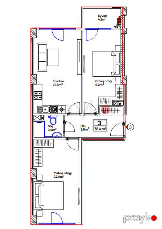 Satılır 3 otaqlı yeni tikili 78.4 m² — Mənzil, Bakı (12)