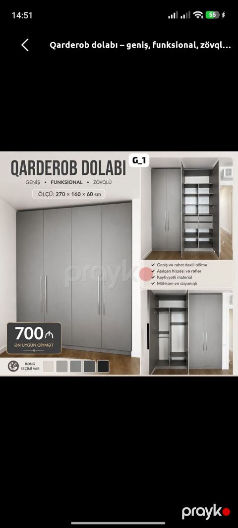 Qarderob dolabı – geniş, funksional, zövqlü Ölçü: 270 × 160 × 60 sm