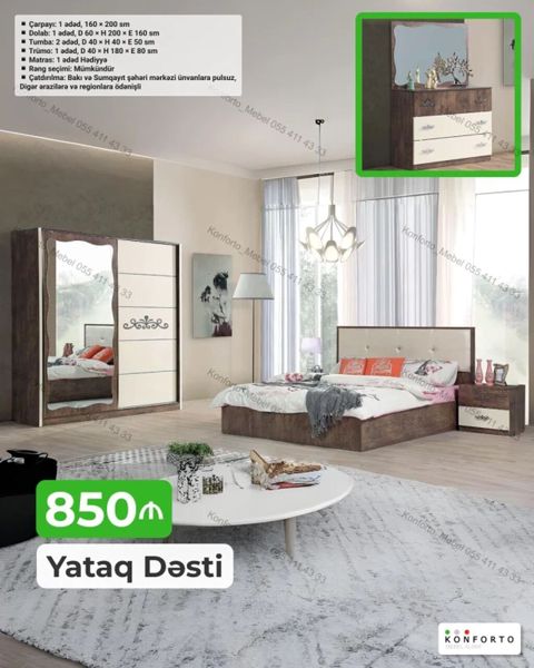 Yataq Dəsti – 850₼ Komplekt: - Çarpayı: 1 ədəd, 160 × 200 sm - Dolab — Konforto Mebel — Bedroom furniture sets