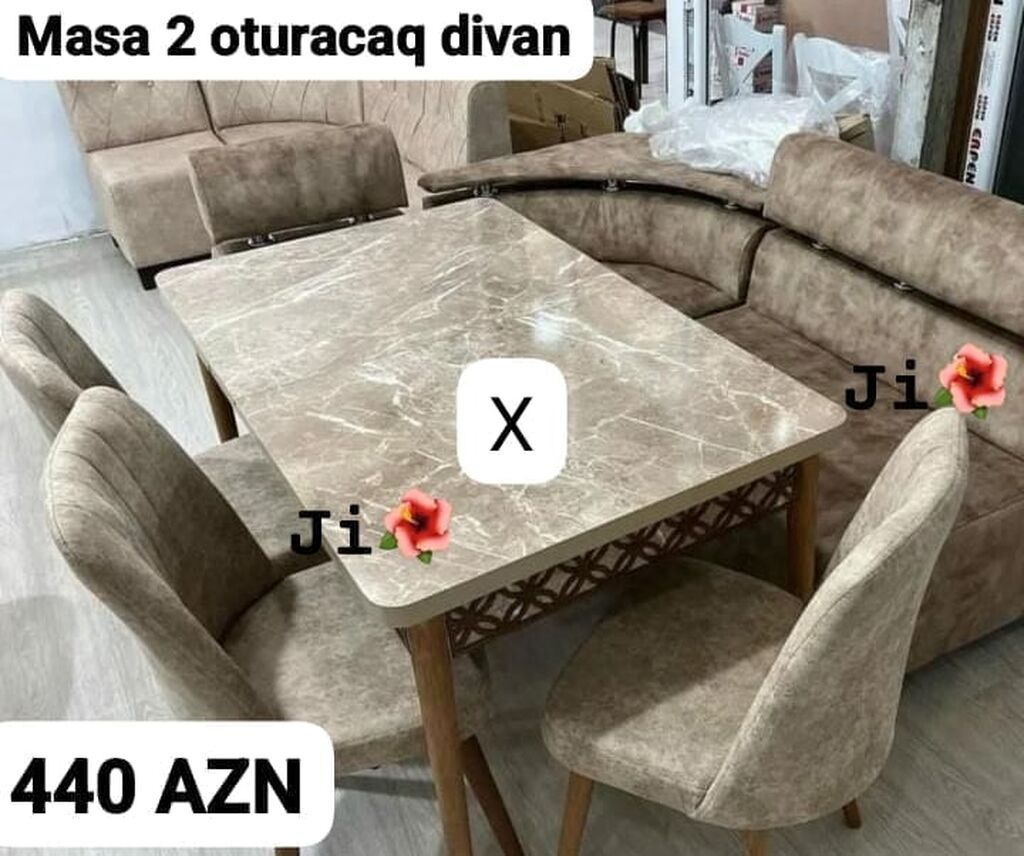 Mətbəx/qonaq otağı üçün dəst: - Mərmər naxışlı düzbucaqlı masa –