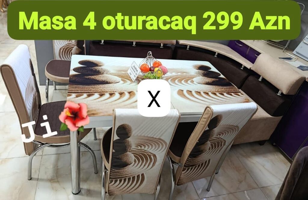 Mətbəx üçün masa və 4 ədəd oturacaq dəsti. Xüsusiyyətlər: - Ölçü