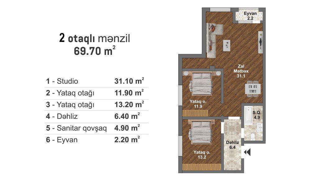 Satılır 3 otaqlı yeni tikili 69.7 m² — Mənzil, Bakı (5)