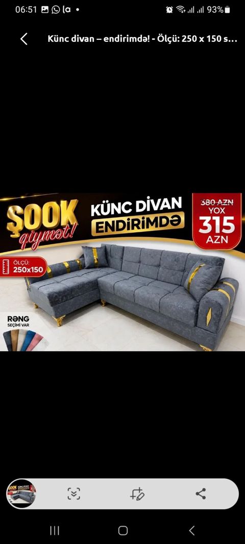 Künc divan – endirimdə! Ölçü: 250 x 150 sm Qiymət: 315 AZN (380 AZN