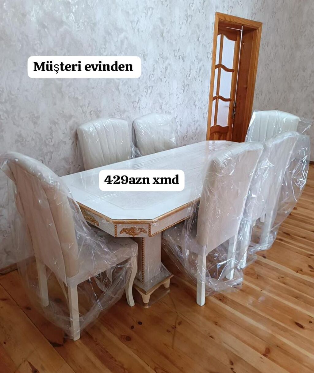 Ağ rəngdə klassik üslubda yemək dəsti: - Düzbucaqlı yemək masası — Mebel, Xırdalan