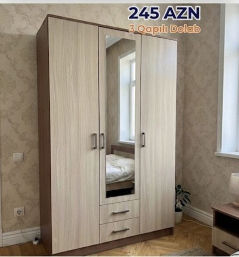 Yeni, 3 qapılı, Güzgülü, Qəhvəyi, Açılan, Düz dolab — İnci mebel — Şkaflar
