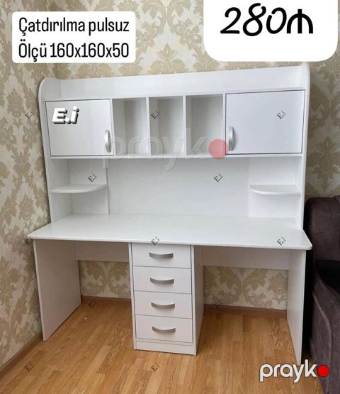 Ağ rəngdə funksional iş/oxu masası - Ölçü: 160 x 160 x 50 sm - Üst