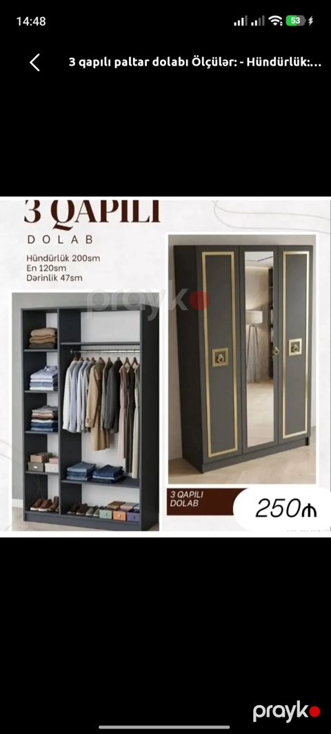 Yeni, 3 qapılı, Güzgülü, Boz, Açılan, Düz dolab