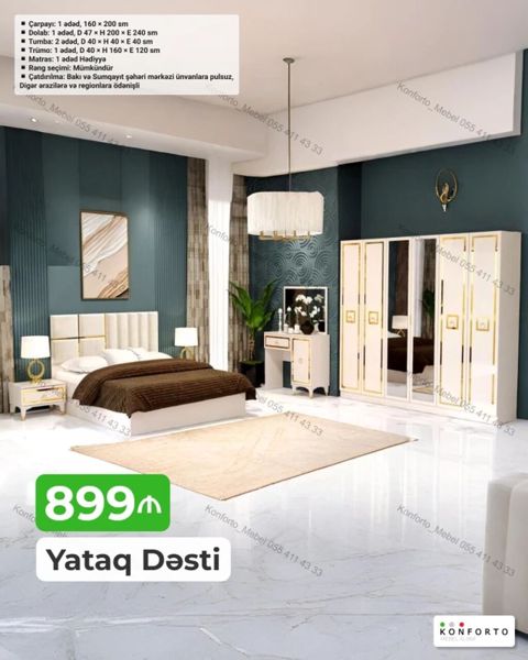 Yataq Dəsti – 899₼ Dəst tərkibi və ölçülər: - Çarpayı: 1 ədəd, 160 × — Konforto Mebel — Bedroom furniture sets