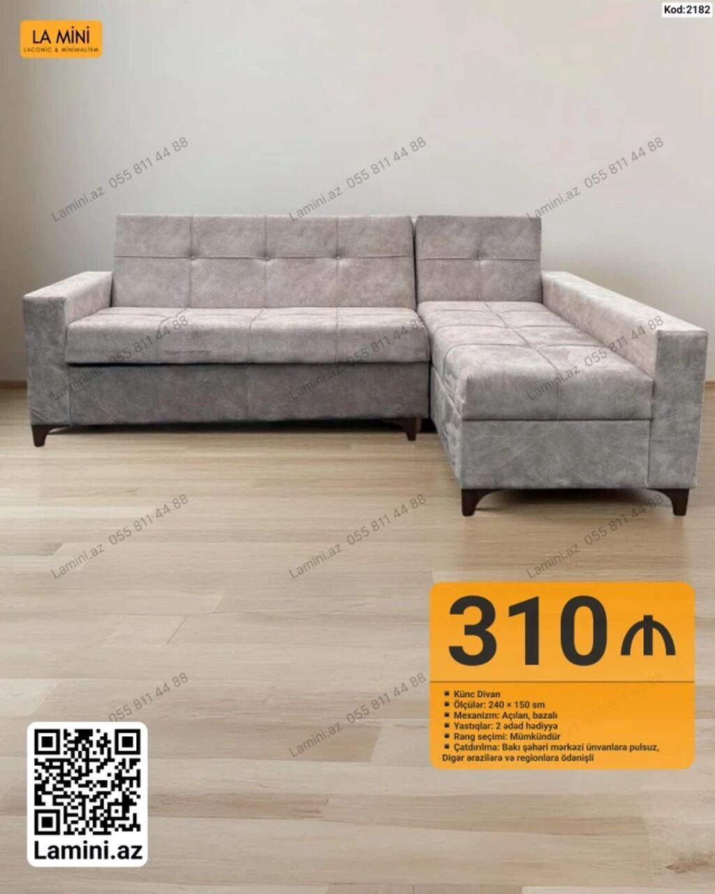 Künc Divan – Kod: 2182 • Ölçülər: 240 × 150 sm • Mexanizm: Açılan — Mebel, Bakı