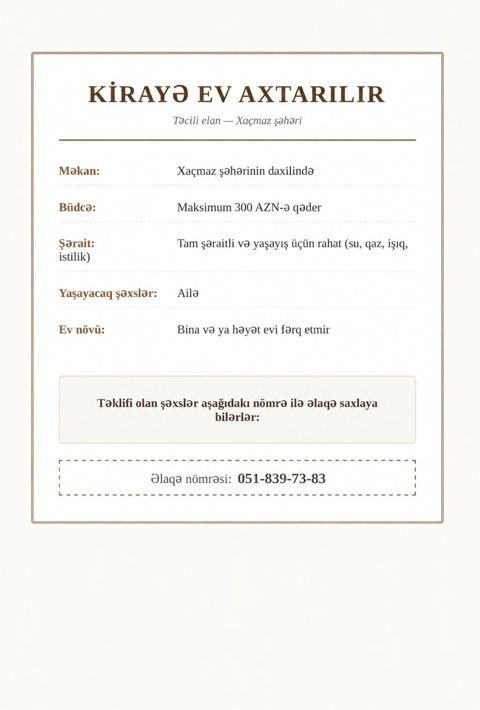 Xidmət: Kirayə ev axtarışı Axtarılan ərazi: Xaçmaz şəhərinin