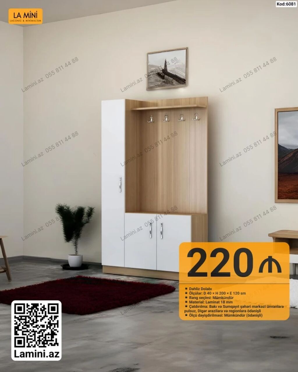 Dəhliz Dolabı – Kod: 6081 - Ölçülər: D 40 × H 200 × E 120 sm - Rəng