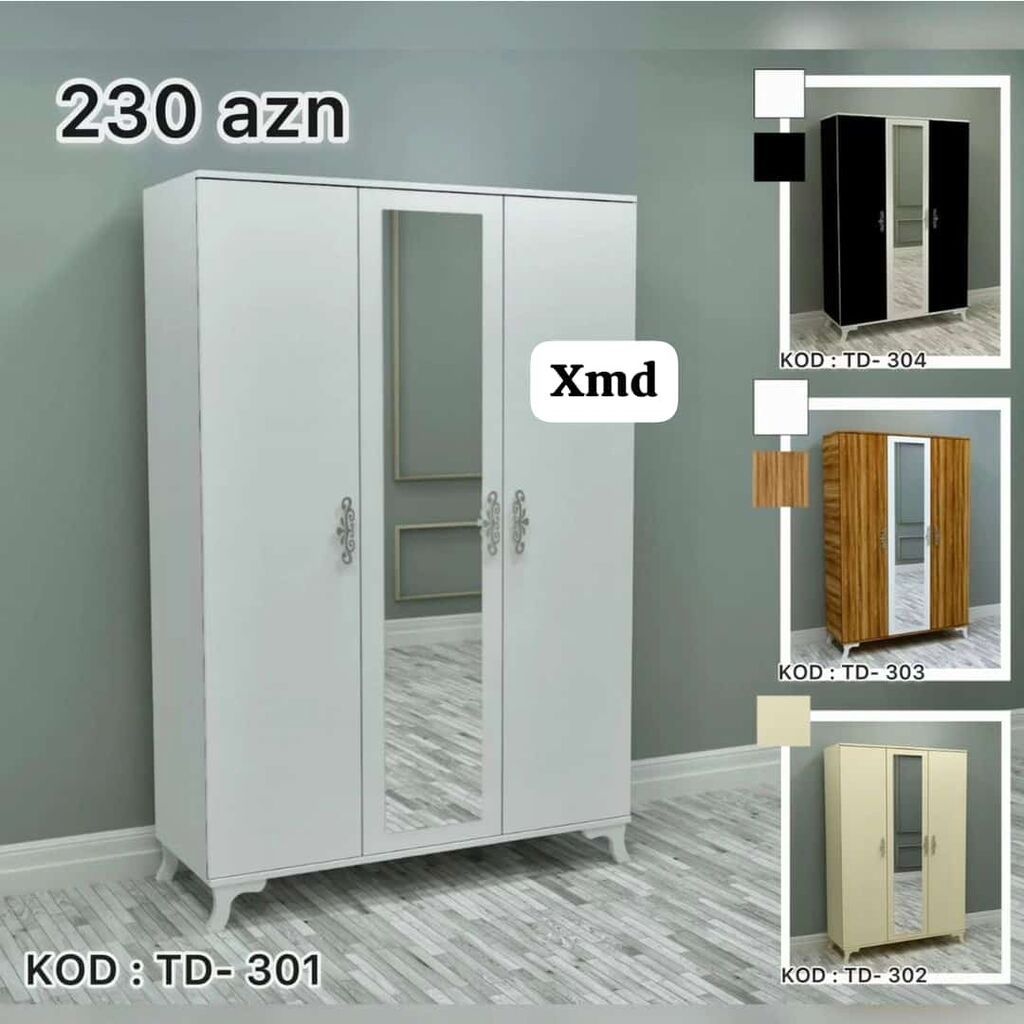Geyim şkafı – model kodu: TD-301 - 3 qapılı dizayn, orta qapıda tam — Mebel, Bakı