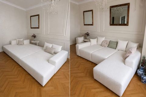 Ağ modul divan — açılan baza ilə, 220×150 sm, 6 aylıq