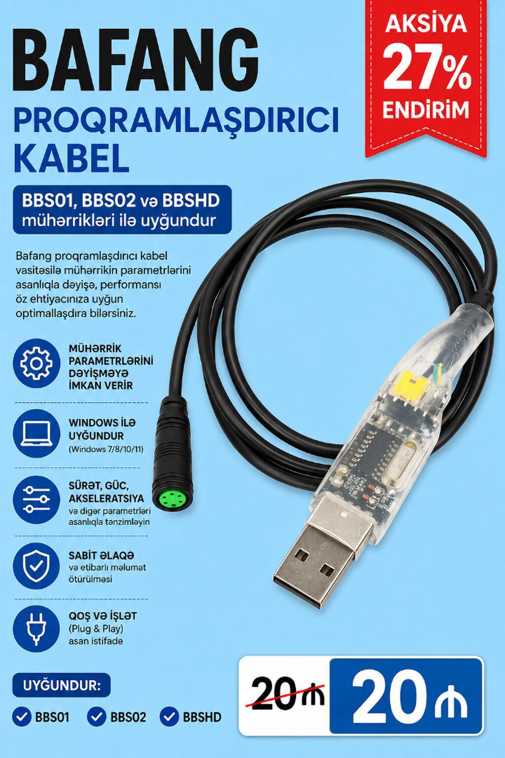 BAFANG proqramlaşdırıcı kabel. Bu USB proqramlaşdırma kabeli Bafang — Elektronika, Lənkəran