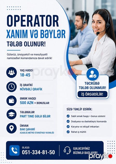 Çağrı mərkəzi operatoru tələb olunur, Tələbələr, Təcrübəsiz, Aylıq ödəniş — Bakı