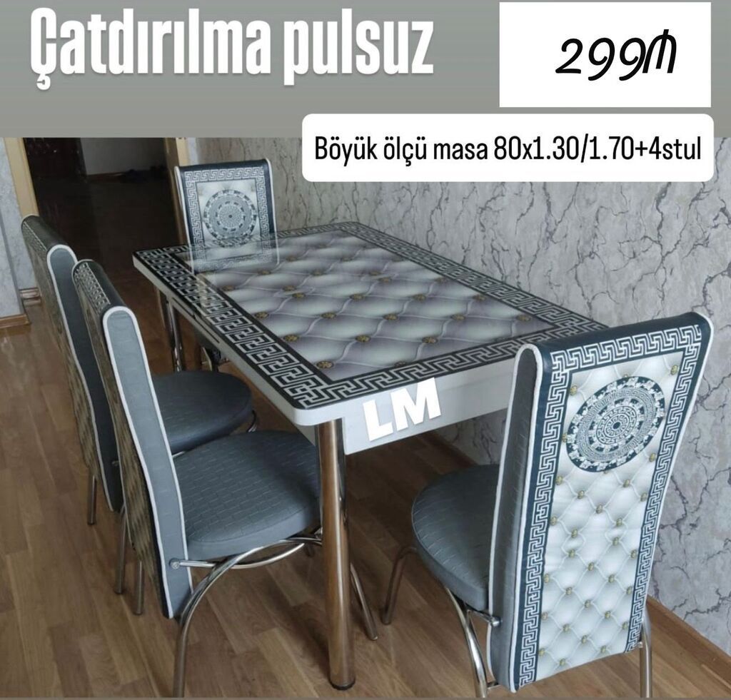 Mətbəx masa dəsti – şüşə üstlü masa + 4 stul - Masa ölçüsü: 80 sm x — Mebel, Bakı