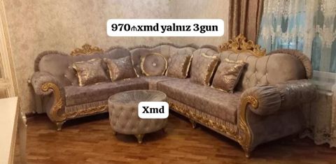 - Künc yumşaq mebel dəsti: klassik barokko üslubunda, boz-qızılı