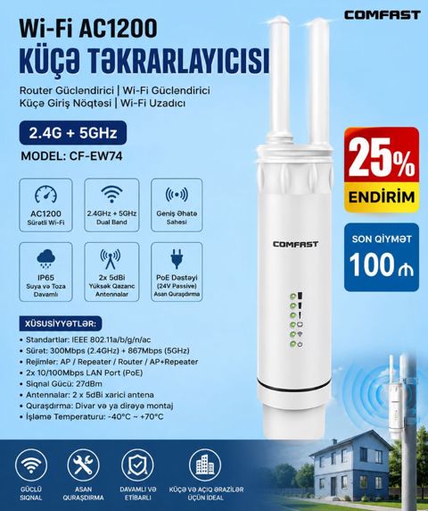 Wifi siqnal gücləndirici Wi-Fi AC1200 küçə təkrarlayıcısı, router