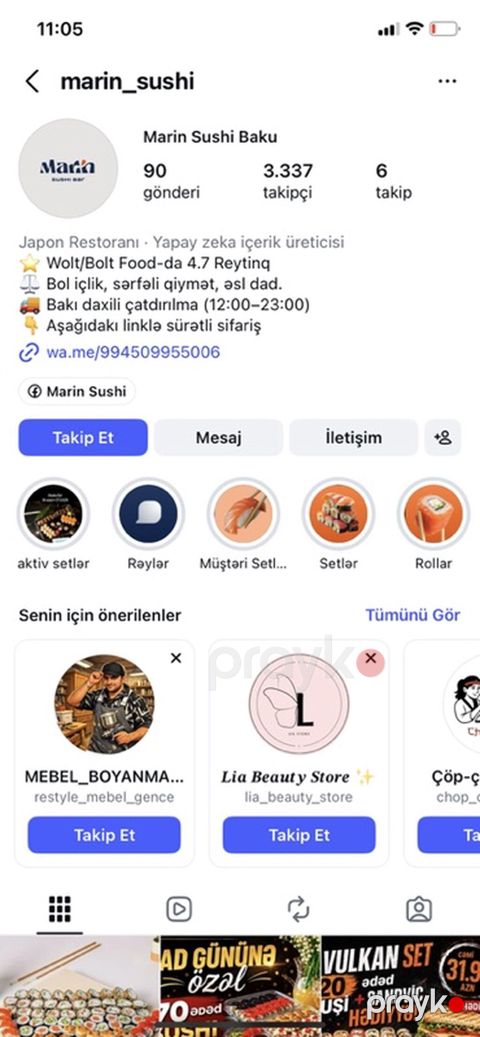 Satılır: Hazır suşi biznes paketi Tərkib: - 2 aktiv suşi Instagram — Bakı