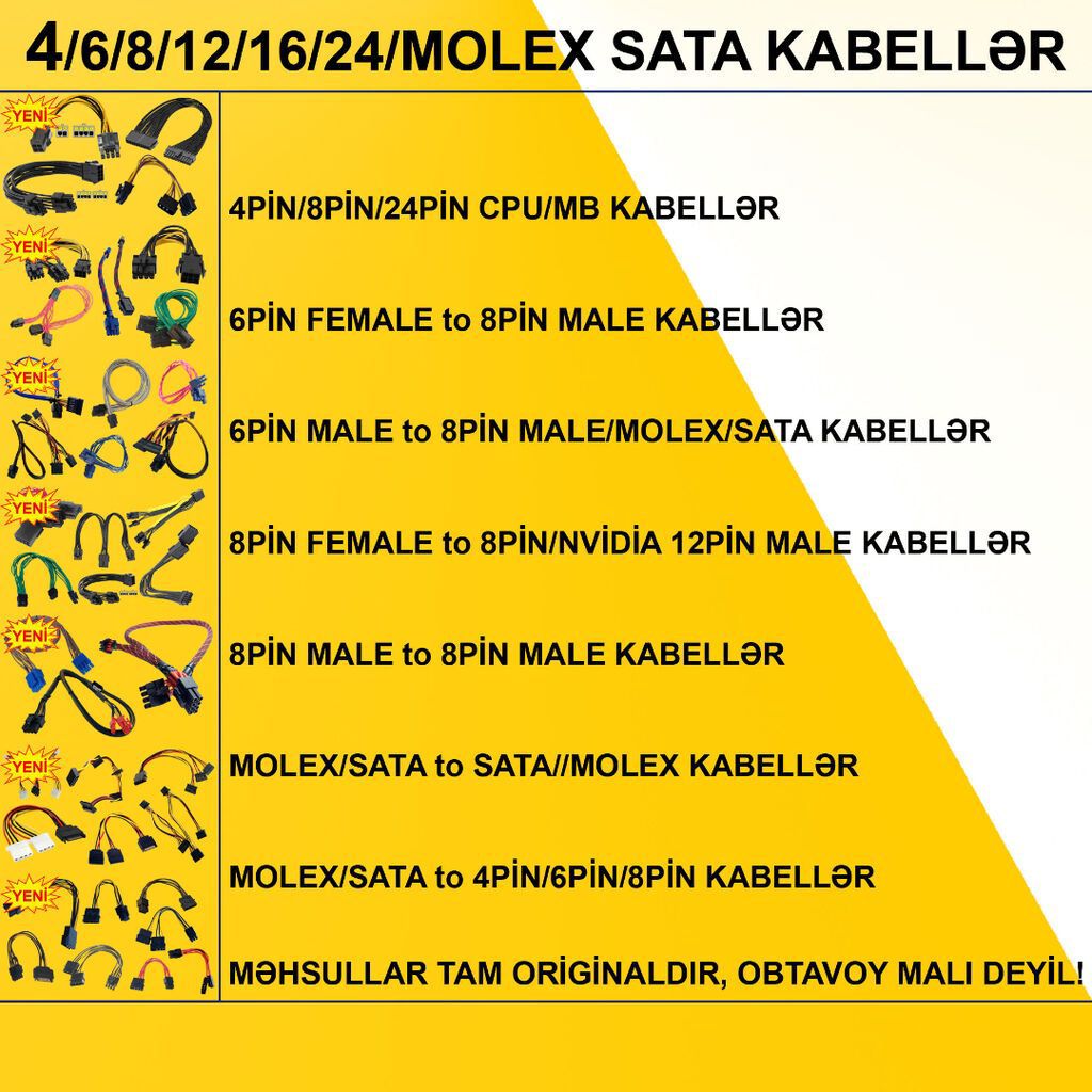4/6/8/12/24pin/Molex/SATA Kabellər MƏHSULLAR TAM ORİGİNALDIR, OBTAVOY