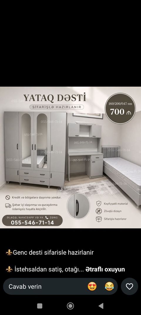 Yataq dəsti – sifarişlə hazırlanır Komplekt: - 3 qapılı dolab: aynalı — ucuz.mebel — Şkaflar