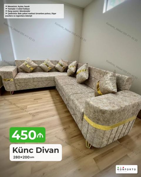 Künc Divan – 280×200 sm - Mexanizm: açılandır, bazalı (yataq