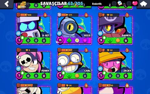 Brawl Stars oyun hesabı — 12 464 kupa, Prestij 7, 63/105 brawler