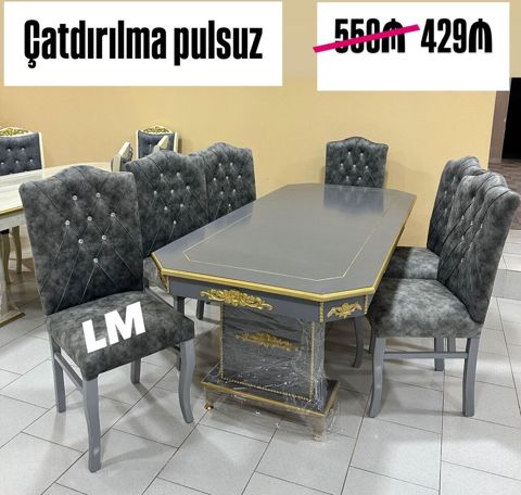 - Yemək otağı dəsti: düzbucaqlı masa + 6 stul - Rəng: tünd boz