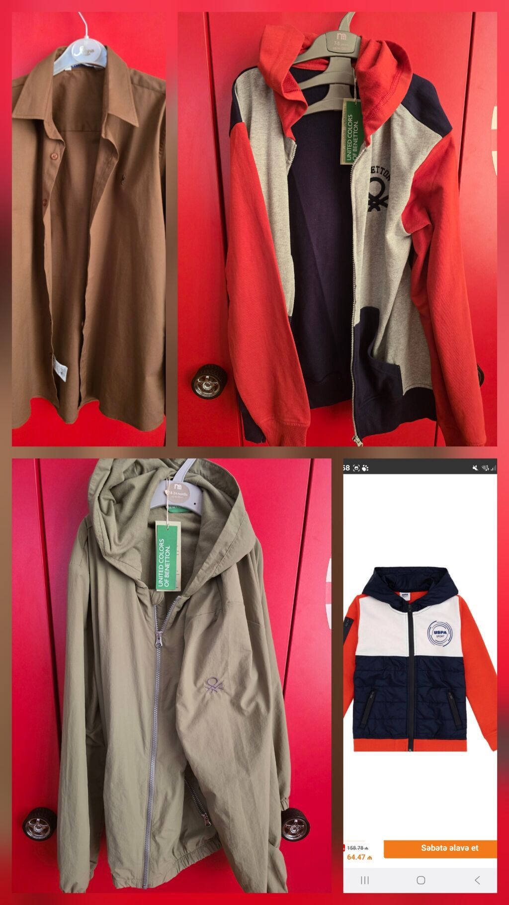 13–14 yaş üçün Benetton və digər brendlərə aid müxtəlif üst geyimləri