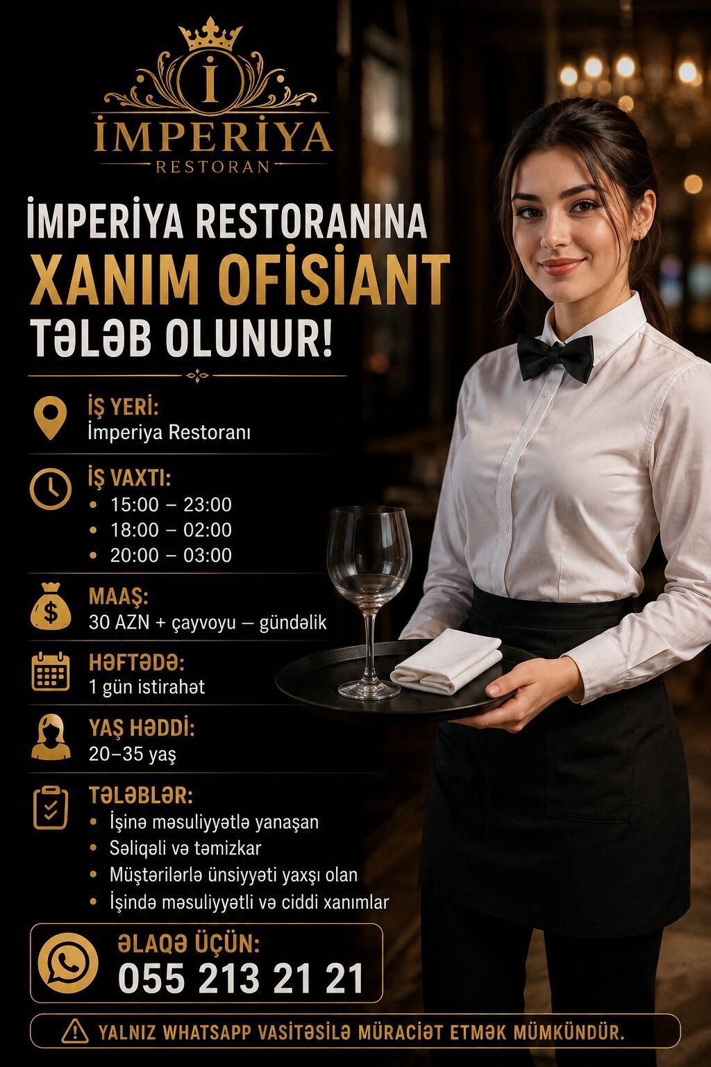 Ofisiant tələb olunur, Restoran, Gündəlik ödəniş — İş, Bakı
