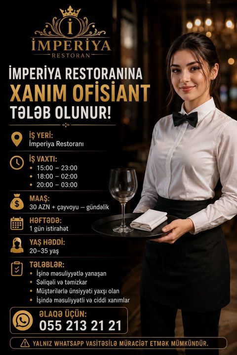 Ofisiant tələb olunur, Restoran, Gündəlik ödəniş — Bakı