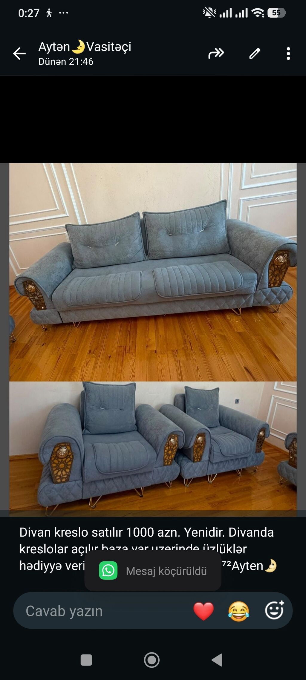 Divan kreslo satılır 1000 azn. Yenidir. Divanda kreslolar açılır baza — Mebel, Bakı