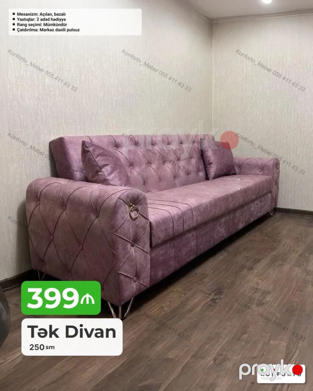 Tək Divan – 250 sm, Açılan Mexanizm, Saxlama Bazası — Divanlər, Bakı