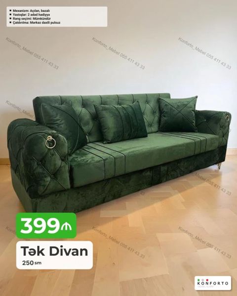 Tək divan – 250 sm - Mexanizm: açılan, bazalı (yataq funksiyası və — Konforto Mebel — Divanlar