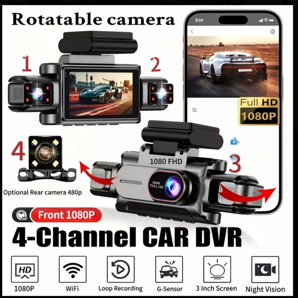 4 kanalı avtomobil DVR kamerası — Full HD 1080P, Wi-Fi, Gecə Görüşü