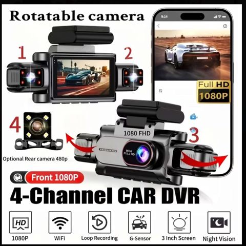 4 kanalı avtomobil DVR kamerası — Full HD 1080P, Wi-Fi, Gecə Görüşü