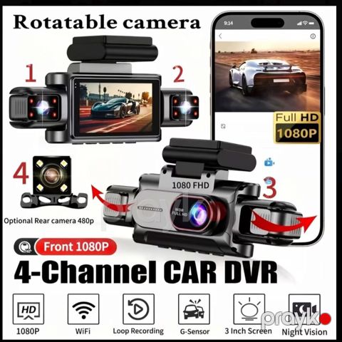 4 kanalı avtomobil DVR kamerası — Full HD 1080P, Wi-Fi, Gecə Görüşü — Bakı