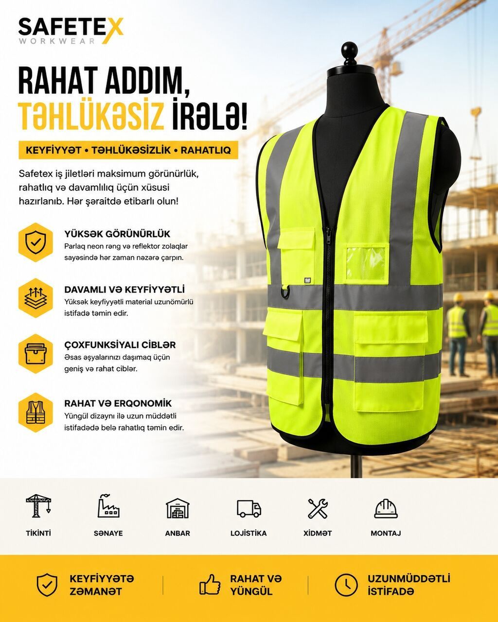 Safetex İş Jiletləri (Sarı, Standart Ölçü) — Qorunma vasitələri, Digah (3)