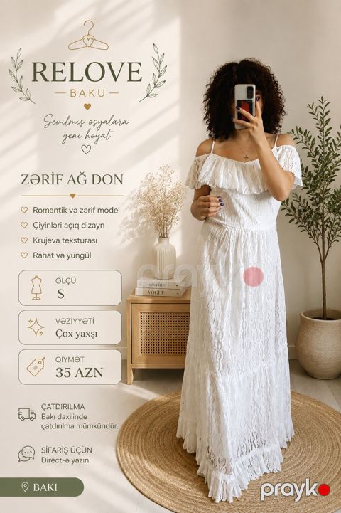 Zərif ağ don – romantik və zərif model. Çiyinləri açıq dizayn, krujeva