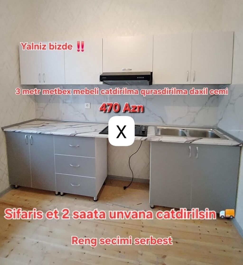 3 metr mətbəx mebeli dəsti - Üst və alt dolablar, dartmaqlı