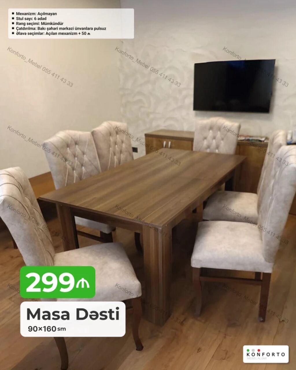 Masa Dəsti – 90×160 sm - Komplekt: 1 masa + 6 stul - Mexanizm