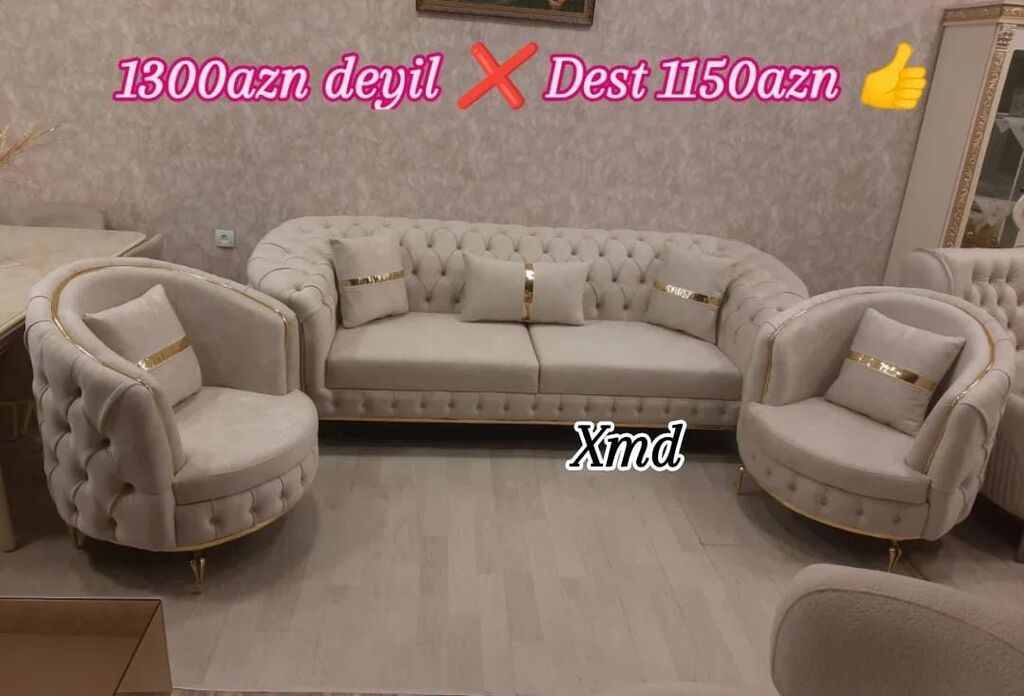 3 nəfərlik divan + 2 ədəd kreslo dəsti - Zərif krem rəngli