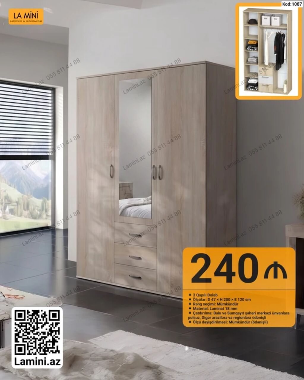 3 qapılı dolab – Kod: 1087 - Ölçülər: Dərinlik 47 sm × Hündürlük 200