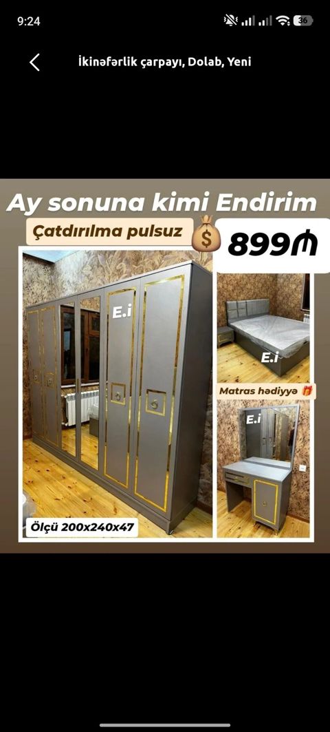 İkinəfərlik çarpayı, dolab, tumba — yataq dəsti 899 ₼