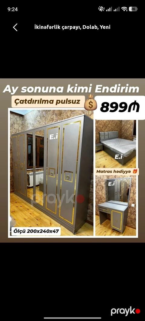 İkinəfərlik çarpayı, dolab, tumba — yataq dəsti 899 ₼