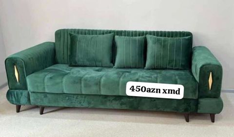 Yaşıl rəngli 3 yastıqlı divan - Rəng: zümrüd-yaşıl - Material: yumşaq