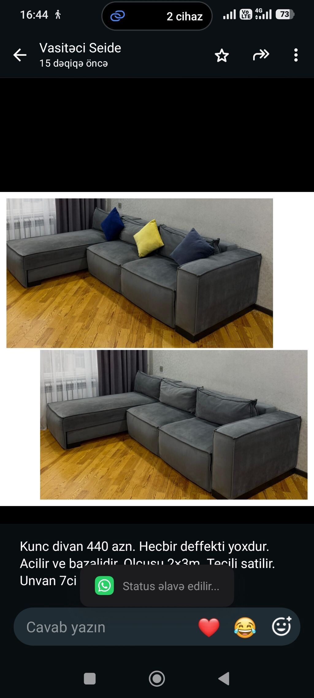 Kunc divan 440 azn. Hecbir deffekti yoxdur. Acilir ve bazalidir