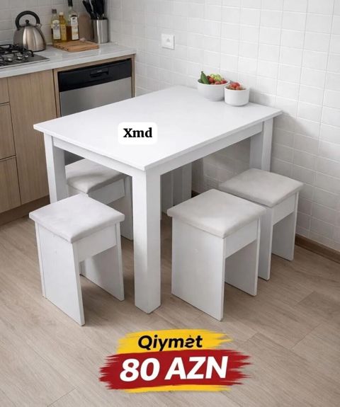 Ağ rəngli yemək masası və 4 taburet komplekti. - Minimalist dizayn
